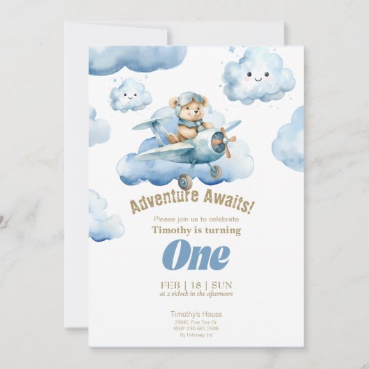 Teddy's Sky-High First Birthday Adventure Einladung (Vorderseite)