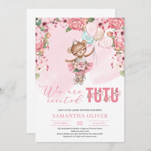 Tedy Bär Tutu Ballerina Kleid Blumendusche Baby Einladung (Vorne/Hinten)