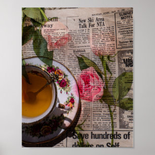 Tee altes handgeschriebenes Papier und rosa Rosen Poster