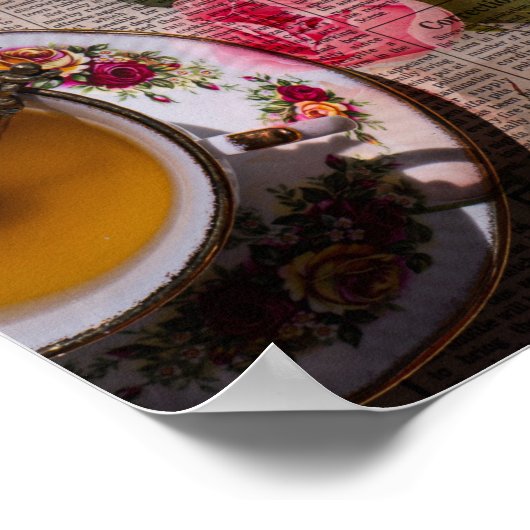 Tee, altes Schreibpapier und rosa Rosen Poster (Ecke)