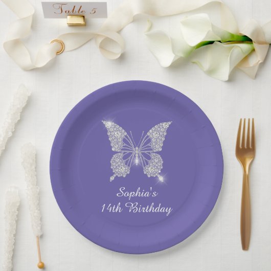 Tee B'day, Diamant Butterfly Name Age, Periwinkle Pappteller (Hochzeit)