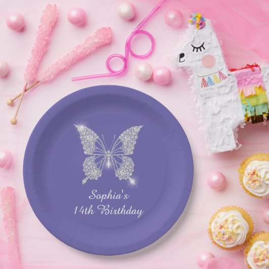 Tee B'day, Diamant Butterfly Name Age, Periwinkle Pappteller (Party)