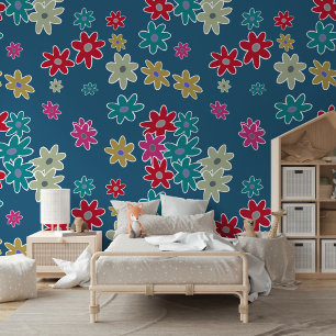 Tee Blue Hot Pink Beige Blumen Kunstmuster Tapete