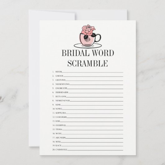 Tee Cup Brautparty Word Scramble Game Card Einladung (Vorderseite)