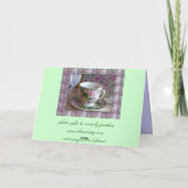 Tee Cup und Violet Bouquet Tee Gemütlicher Grußkar Karte (Rückseite)