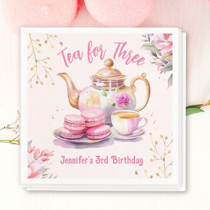 Tee für drei! Girl Pink Floral 3. Geburtstag Party Serviette