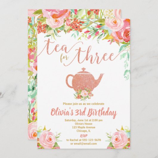 Tee für drei Rose Goldmädchen 3. Geburtstag Einladung (Vorne/Hinten)