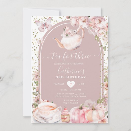 Tee für Three Pink Peony Pumpkin Fall 3. Geburtsta Einladung (Vorderseite)