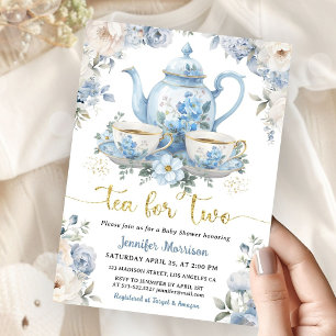 Tee für Zwei Baby Shower Junge Gold Blau Floral Einladung