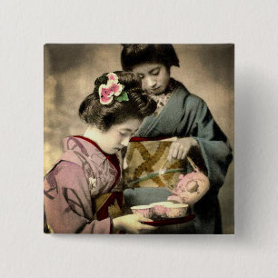 Tee für zwei Geishas im alten Japan Vintage Japani Button