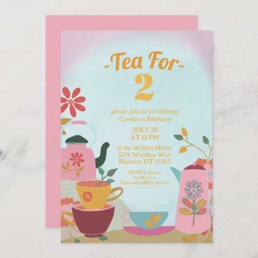 Tee für zwei rosa Blumengeburt Einladung (Vorne/Hinten)