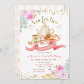 Tee für zwei rosa Blumengeburtstag Einladung (Vorne/Hinten)