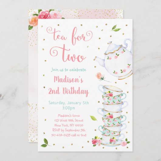 Tee für zwei rosa goldene Blumenkost Party Geburts Einladung (Vorne/Hinten)