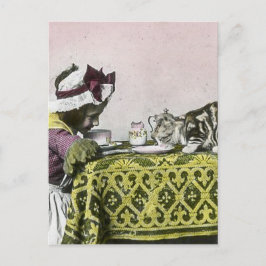 Tee für zwei Viktorianische Girl and Kitty Cat Tea Einladungspostkarte