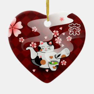 Tee I <3 Maneki Neko Kirschblüte Verzierung Keramikornament