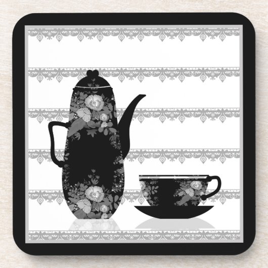 Tee-Kaffeekanne Becher Schwarz-weiße Illustrations Getränkeuntersetzer (Vorderseite)