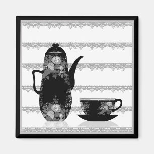 Tee-Kaffeekanne Becher Schwarz-weiße Illustrations Magnet