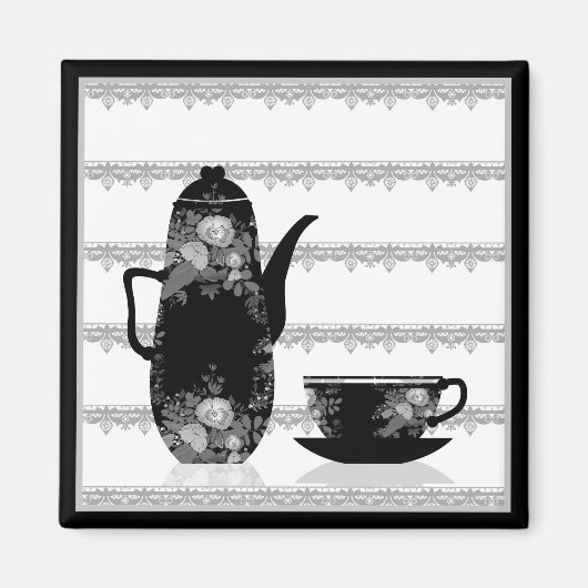 Tee-Kaffeekanne Becher Schwarz-weiße Illustrations Magnet (Vorne)