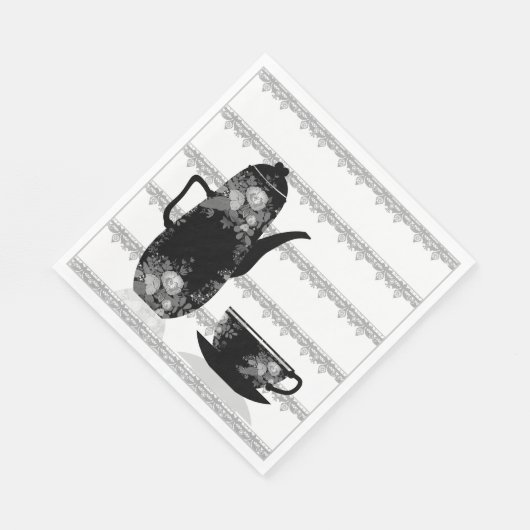 Tee-Kaffeekanne Becher Schwarz-weiße Illustrations Serviette (Ecke)