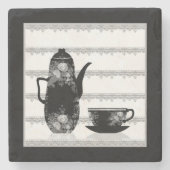 Tee-Kaffeekanne Becher Schwarz-weiße Illustrations Steinuntersetzer (Vorderseite)