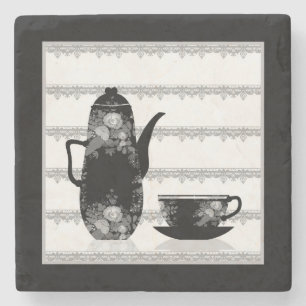 Tee Kaffeekanne Tasse schwarz weiß Illustration re Steinuntersetzer