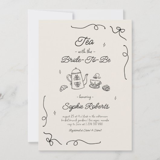 Tee mit der Braut, um Hand gezeichnet Brautparty Einladung (Vorderseite)
