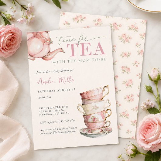 Tee mit der werdenden Mutter Rosa Florales Babysho Einladung