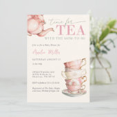 Tee mit der werdenden Mutter Rosa Florales Babysho Einladung (Stehend Vorderseite)