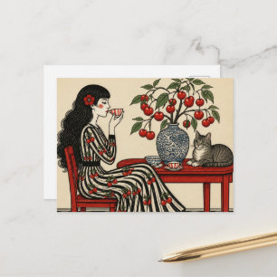 Tee mit meiner Katze in meinem Kirschkleid Postkarte