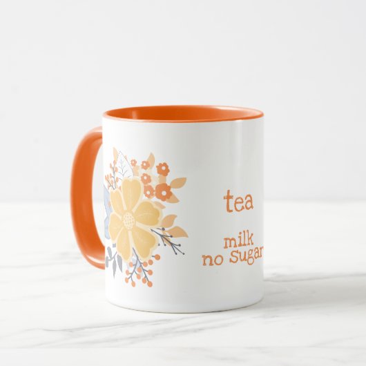 Tee mit Milch Bitte orange graue Blume Tasse (Vorderseite Links)