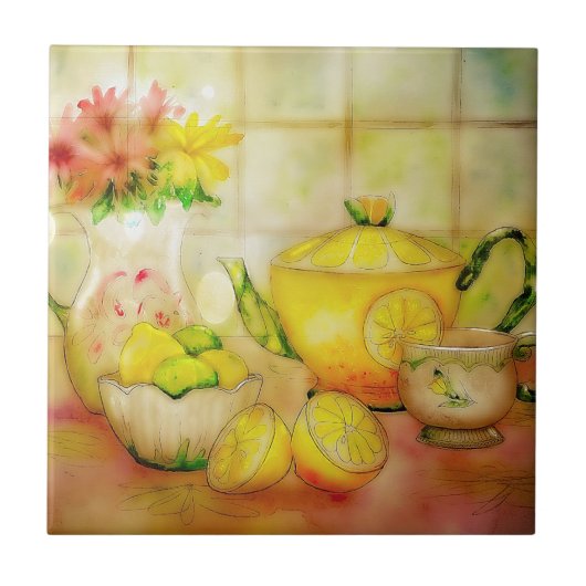 Tee mit Zitrone Keramik Tile Fliese (Vorderseite)