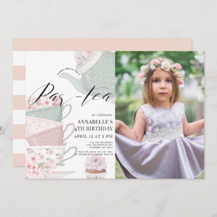 Tee Par-Tee Floral Teekanne Pink Geburtstags-Foto Einladung