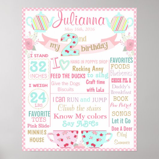 Tee-Party 2. Geburtstagsschild Plakatbanner Poster (Vorne)