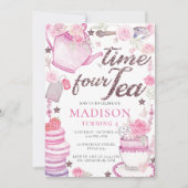 Tee-Party 4. Geburtstag Glitzer Einladung (Vorderseite)