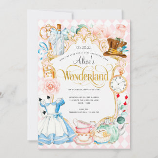 Tee Party Alice im Wunderland Rosa Mädchen Geburts Einladung