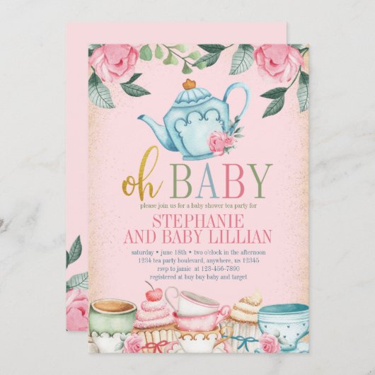 Tee-Party Aquarell Blumendusche Einladung (Vorne/Hinten)