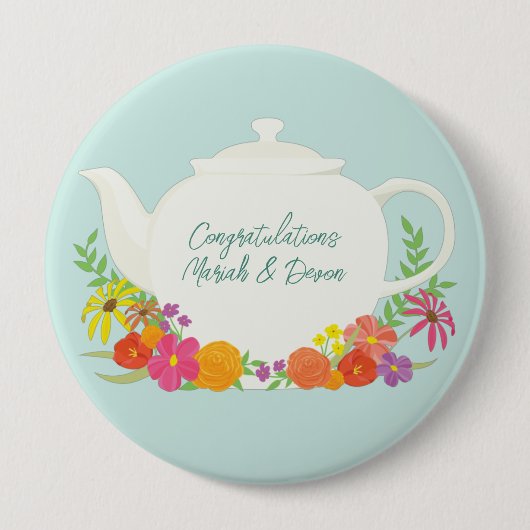 Tee Party Baby Dusche Teapot Frühlingsflora Button (Vorderseite)