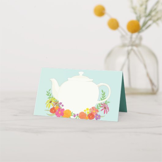 Tee Party Baby Dusche Teapot Frühlingsflora Platzkarte (Vorderseite)
