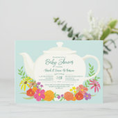 Tee-Party Baby-Dusche Teekanne Einladung (Stehend Vorderseite)