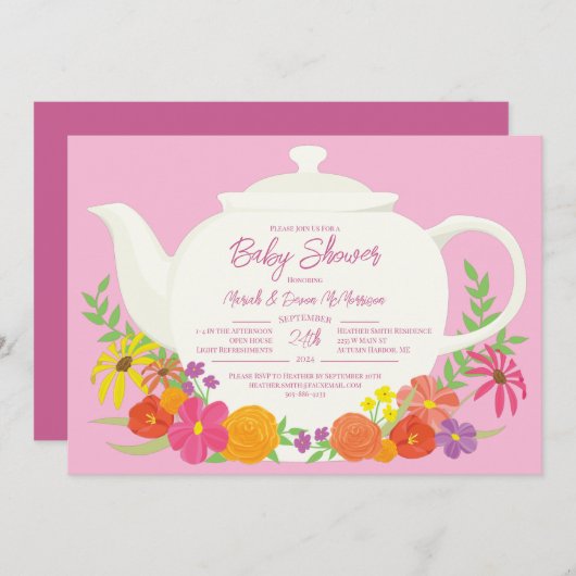 Tee-Party Baby Duschteapot Pink Girl Einladung (Vorne/Hinten)