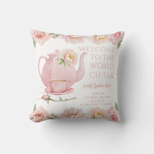 Tee-Party Baby Girl Birth Stats Blumenstrauß Kissen (Vorderseite)