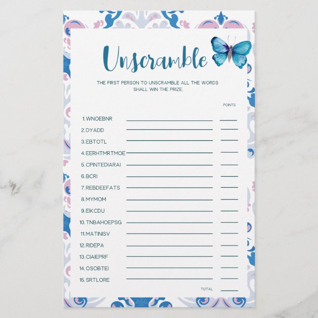 Tee Party Baby Shower Game Baby Word Scramble-Spie (Vorderseite)