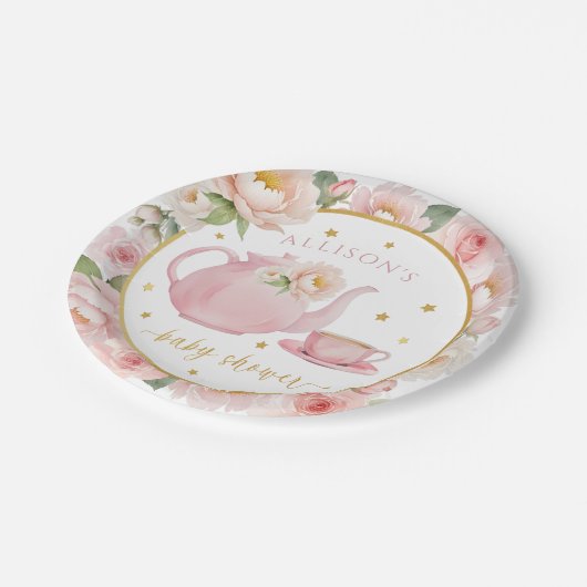 Tee-Party Babydusche Blumenpapier Teller (Schrägansicht)
