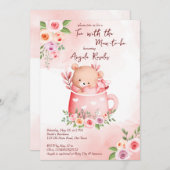 Tee-Party Babydusche niedlich rosa Teddy in einer  Einladung (Vorne/Hinten)