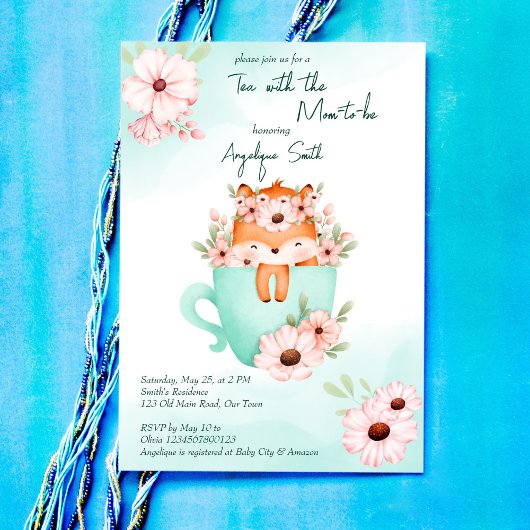 Tee-Party Babydusche niedlicher Babyfuchs in einer Einladung