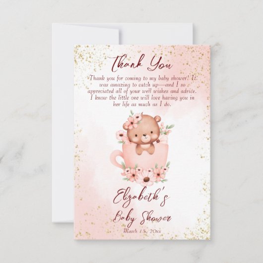 Tee-Party Babydusche rosa Teddy in einer Tasse Dankeskarte (Vorderseite)