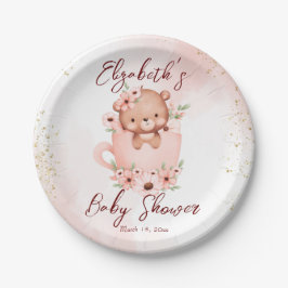 Tee-Party Babydusche rosa Teddy in einer Tasse nac Pappteller