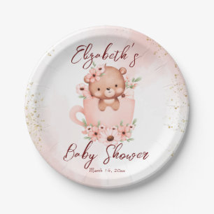 Tee-Party Babydusche rosa Teddy in einer Tasse nac Pappteller
