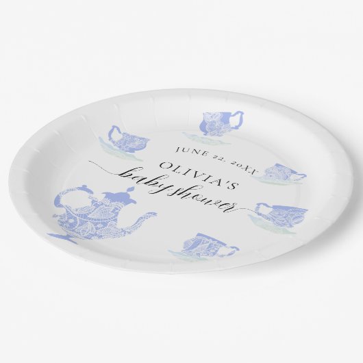 Tee Party Blue China White Lace Boy Baby Dusche Pappteller (Schrägansicht)