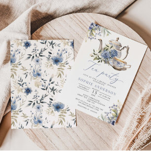 Tee Party Blue Floral Watercolor Brautparty Einladung